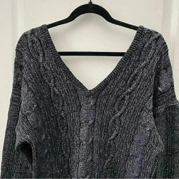 Topshop Oversized Sweater Cable Knit V Neck Tunic Black Silver Metallic Small 4 - Picture 7 of 15